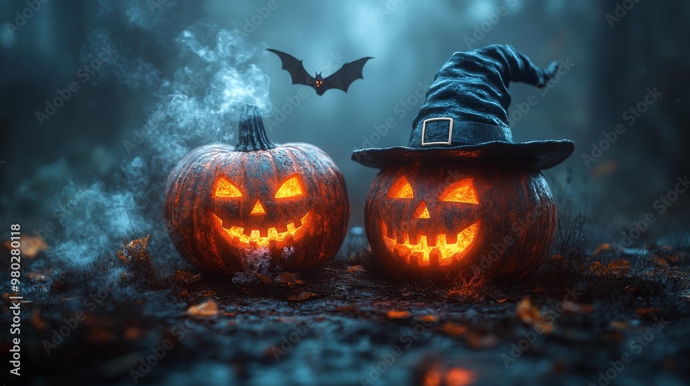 Naklejka premium Halloween Pumpkin Carvings with Witch Hat Generative AI