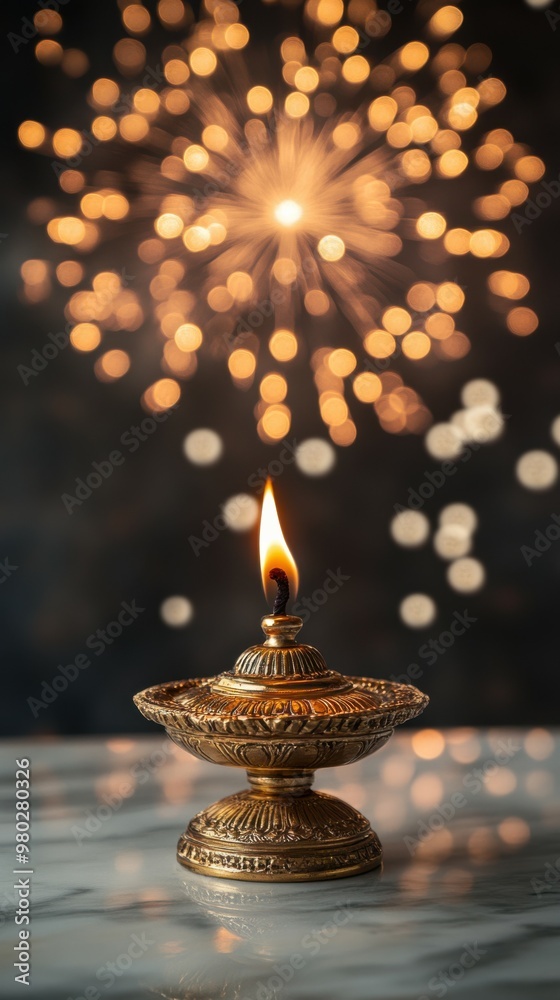 Ornate brass lamp on a sleek marble table, with vibrant fireworks lighting up the night sky in the background. Copy space, happy Diwali background, traditional, Indian festival Ornate brass lamp on a sleek marble table, with vibrant fireworks lighting up the night sky in the background. Copy space, happy Diwali background, traditional, Indian festival