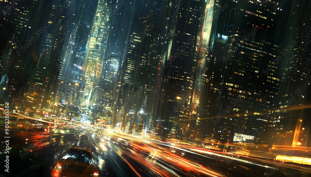 Obraz premium A bustling city at night, with skyscrapers illuminated and traffic creating streaks of light