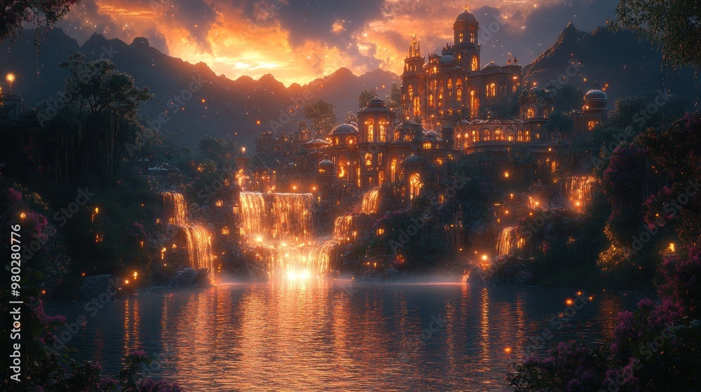 A serene fantasy landscape with a glowing city and waterfalls. A serene fantasy landscape with a glowing city and waterfalls.