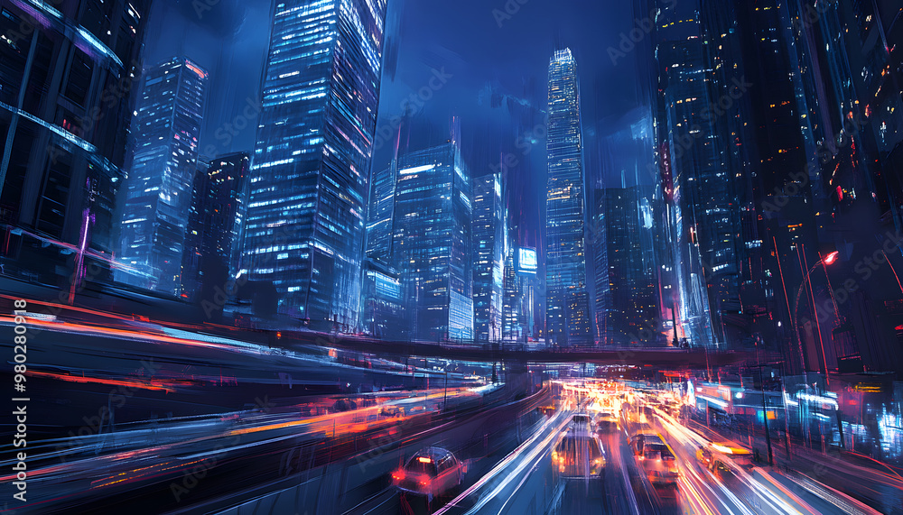 Obraz premium A bustling city at night, with skyscrapers illuminated and traffic creating streaks of light