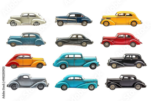 A colorful collection of vintage cars showcasing unique designs and classic styles from different eras. transparent background