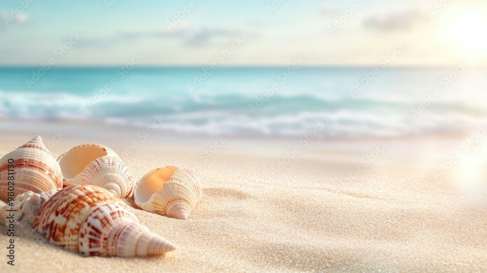 seashells on Sandy Beach / seashore, beach holiday Vacation background with generative ai seashells on Sandy Beach / seashore, beach holiday Vacation background with generative ai