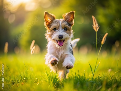 Energetic purebred terrier puppy runs and jumps in a lush green meadow, its adorable face beaming with pure happiness and unbridled excitement in the great outdoors. photo