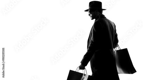 Wallpaper Mural A stylish man in silhouette, wearing a hat and holding shopping bags, exuding elegance and sophistication. transparent background Torontodigital.ca