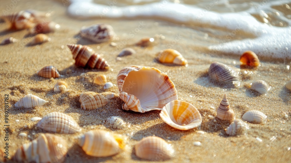 seashells on Sandy Beach / seashore, beach holiday Vacation background with generative ai seashells on Sandy Beach / seashore, beach holiday Vacation background with generative ai
