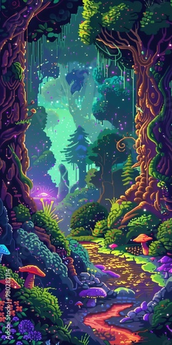 8bit fairy, enchanted glade, pixel art style, vibrant colors, sidescrolling perspective, detailed pixels, magical scene, nostalgic fantasy feel photo