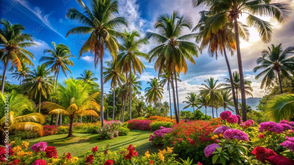 Fototapeta premium Vibrant palm trees sway amidst a kaleidoscope of colorful flowers and lush greenery, with exotic wildlife thriving in this idyllic tropical summer escape paradise.