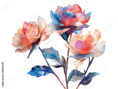 A vibrant watercolor painting of three blooming roses in shades of orange and blue, perfect for decorating any art collection. transparent background