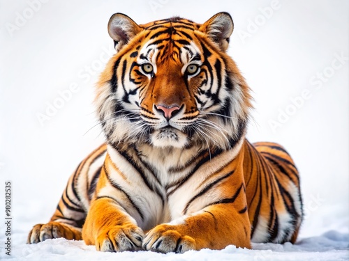 Majestic Bengal tiger with vibrant orange and black stripes sits calmly on a pristine white background, showcasing its powerful build and regal demeanor.