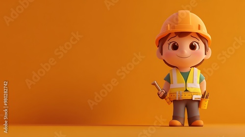 3D Cartoon Construction Worker with Tools