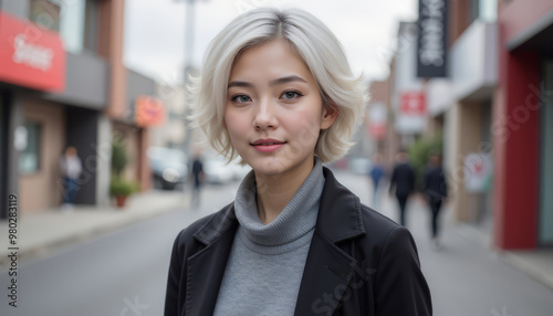 A stylish woman stands confidently on a city street, showcasing modern fashion and a vibrant urban environment.