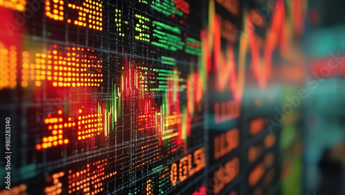 Long-exposure shot of a stock ticker board with blurred numbers, symbolizing fast-paced stock market movement
