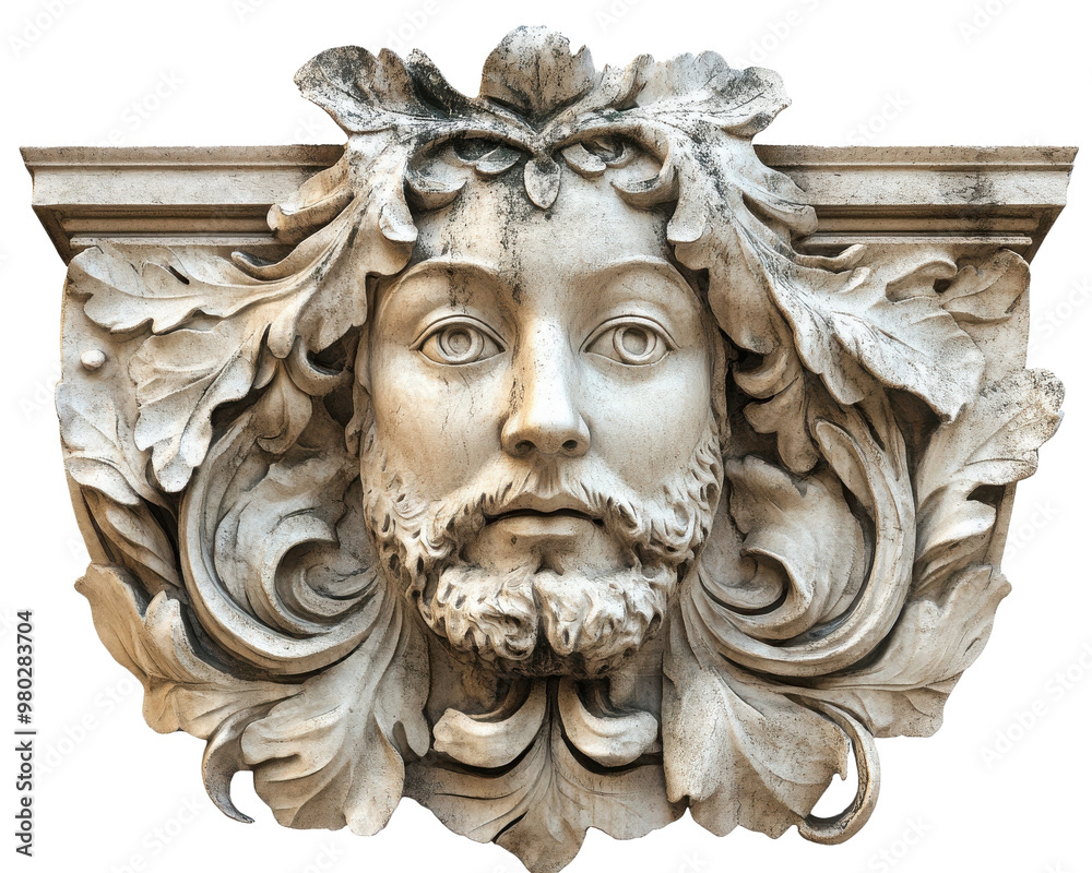 Intricate stone relief featuring a majestic male face surrounded by nature motifs, capturing classical artistry and detailed craftsmanship. transparent background Intricate stone relief featuring a majestic male face surrounded by nature motifs, capturing classical artistry and detailed craftsmanship. transparent background