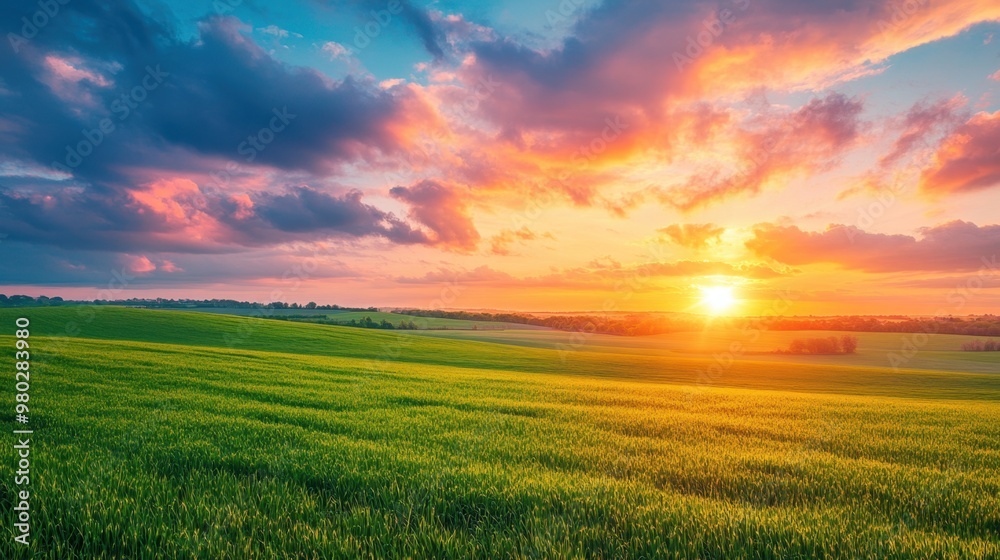 A beautiful rural landscape with green fields and a colorful sunset sky A beautiful rural landscape with green fields and a colorful sunset sky