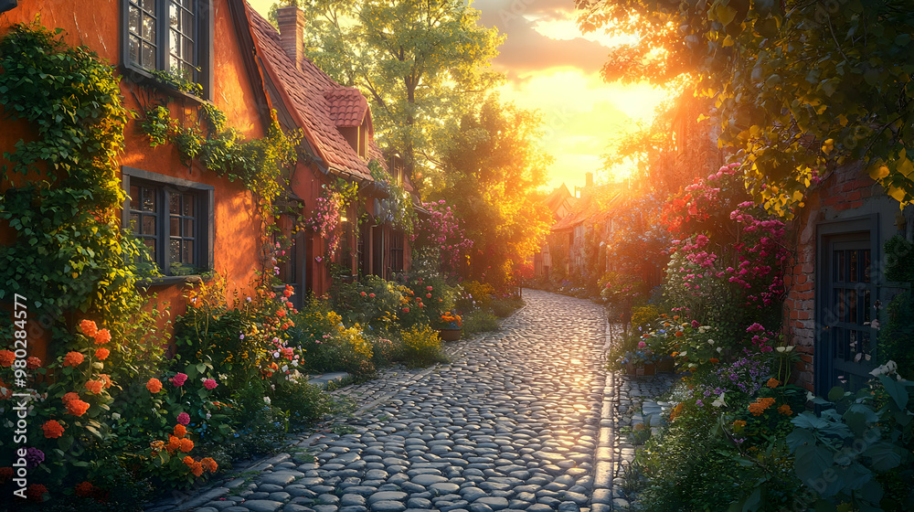 Cobblestone Street in a Picturesque Village with Sunset Illustration Cobblestone Street in a Picturesque Village with Sunset Illustration