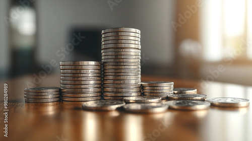 stacked pile of silver coins, each layer representing growth and accumulation, reflecting themes of prosperity, value, and financial success