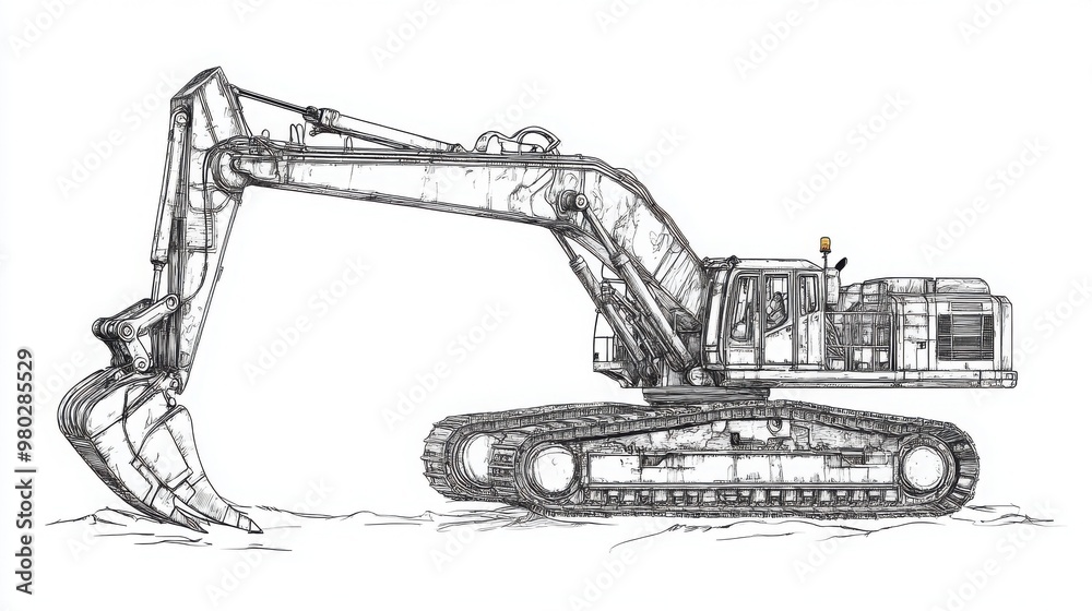 A detailed illustration of a construction excavator, showcasing its powerful arm and bucket design for heavy-duty operations.