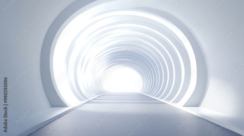 A futuristic tunnel illuminated by soft white light, creating a sense of depth and perspective in a serene environment. A futuristic tunnel illuminated by soft white light, creating a sense of depth and perspective in a serene environment.