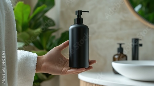 Woman holding black lotion bottle in bathroom photo