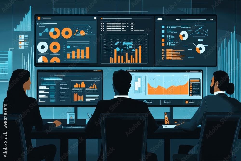 Business Analysts Reviewing Data on Multiple Screens. Business Analysts Reviewing Data on Multiple Screens.