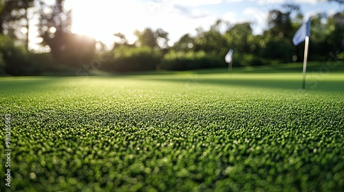 Close-up of Artificial Grass on a Golf Course with Flags in the Background photo