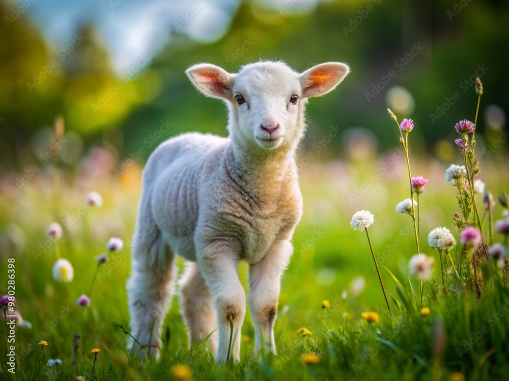 Adorable little lamb with fluffy white fur and curious expression standing alone in a lush green meadow filled with vibrant wildflowers. Adorable little lamb with fluffy white fur and curious expression standing alone in a lush green meadow filled with vibrant wildflowers.