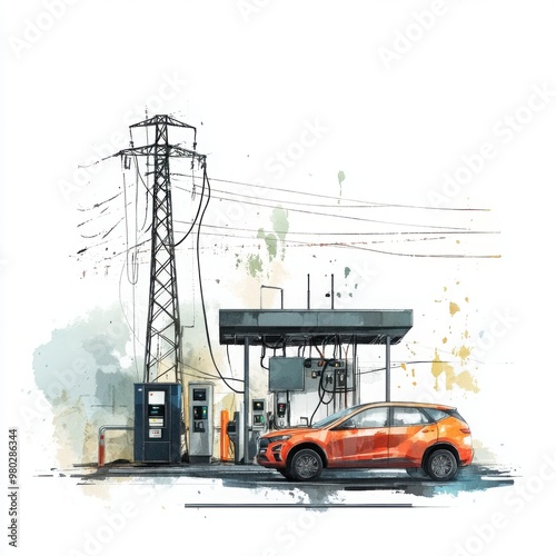 An orange vehicle parked at a gas station, accompanied by a power pole in an artistic illustration style. photo