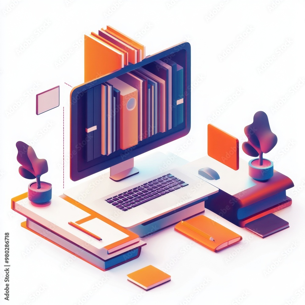 Modern workspace illustration featuring a computer, books, and plants, symbolizing productivity and creativity in design. Modern workspace illustration featuring a computer, books, and plants, symbolizing productivity and creativity in design.