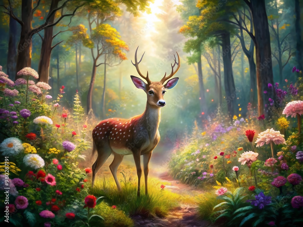 Serene forest scene featuring a gentle deer surrounded by colorful blooming flowers, lush greenery, and subtle warm light in a whimsical watercolor painting style. Serene forest scene featuring a gentle deer surrounded by colorful blooming flowers, lush greenery, and subtle warm light in a whimsical watercolor painting style.
