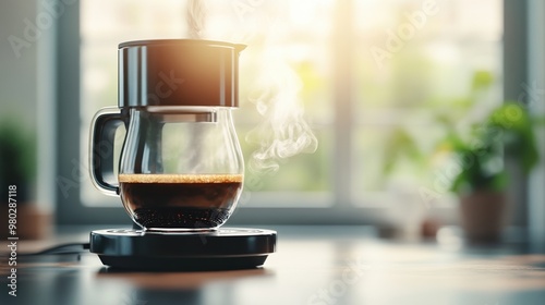 A steaming cup of coffee in a modern kitchen, capturing the essence of morning routines and cozy moments. photo