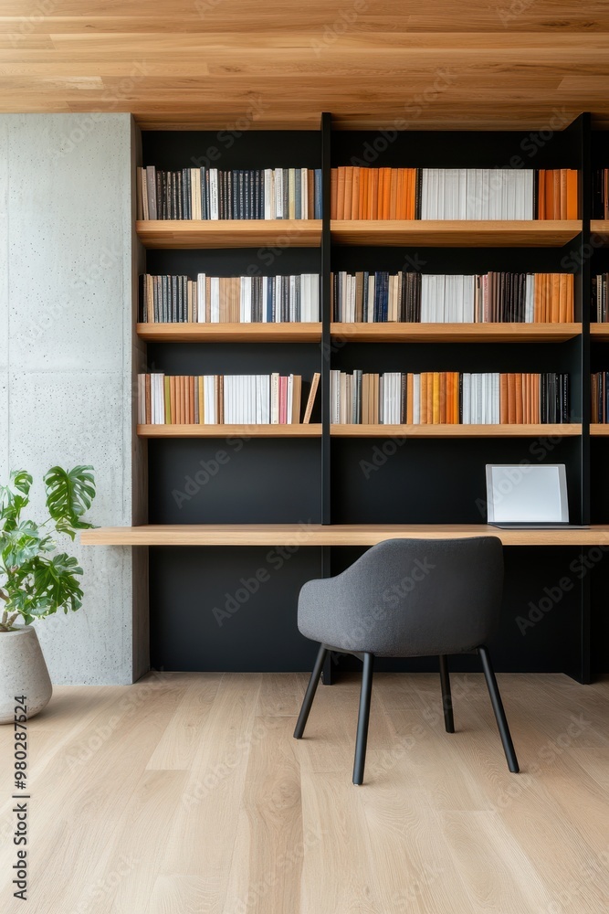 Modern workspace featuring a stylish chair, organized bookshelves, and a clean desk, perfect for productivity and creativity. Modern workspace featuring a stylish chair, organized bookshelves, and a clean desk, perfect for productivity and creativity.