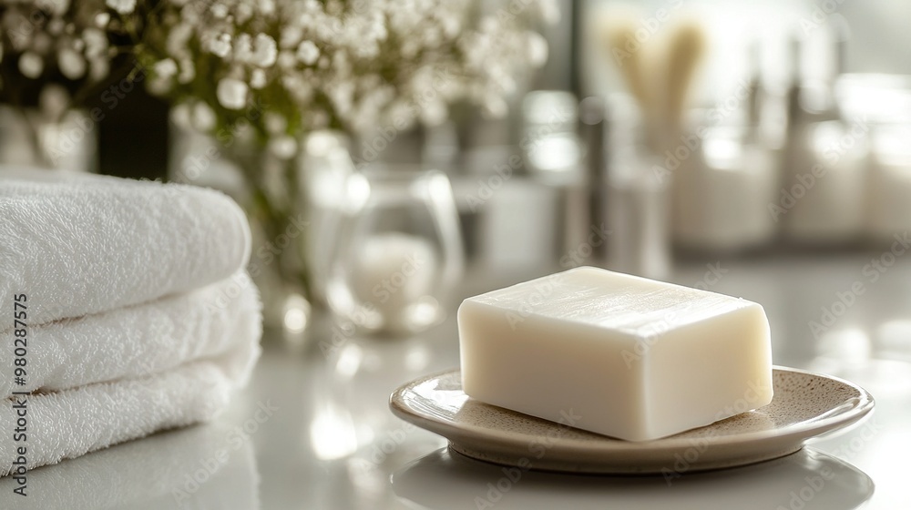Soap bar resting on a white ceramic dish in a serene setting Soap bar resting on a white ceramic dish in a serene setting