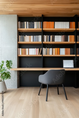 Modern workspace featuring a stylish chair, organized bookshelves, and a clean desk, perfect for productivity and creativity.