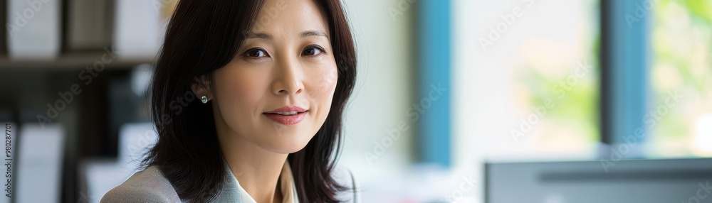 Mature Asian woman discussing financial reports, formal office setting, corporate environment and professionalism Mature Asian woman discussing financial reports, formal office setting, corporate environment and professionalism