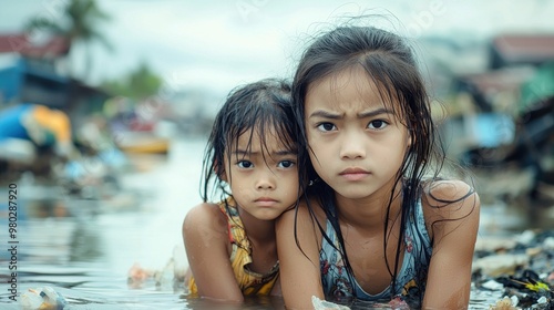 Fototapeta Naklejka Na Ścianę i Meble -  Two young girls are in the water, one of them looking at the camera
