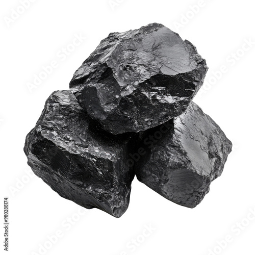 A close-up view of three rough black coal pieces, showcasing their unique textures and natural mineral properties. transparent background photo