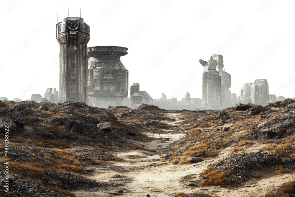 Obraz premium A futuristic landscape showcasing abandoned structures and a dusty path, evoking a sense of mystery and exploration. transparent background