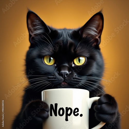 Render of a grumpy cat holding a coffee mug that says 