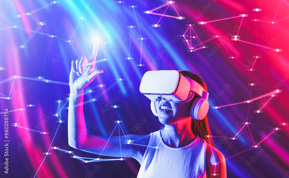 Smart female standing in cyberpunk style building in meta wear VR headset connecting metaverse, future cyberspace community technology, Elegant woman using fingers touch virtual object. Hallucination. Smart female standing in cyberpunk style building in meta wear VR headset connecting metaverse, future cyberspace community technology, Elegant woman using fingers touch virtual object. Hallucination.