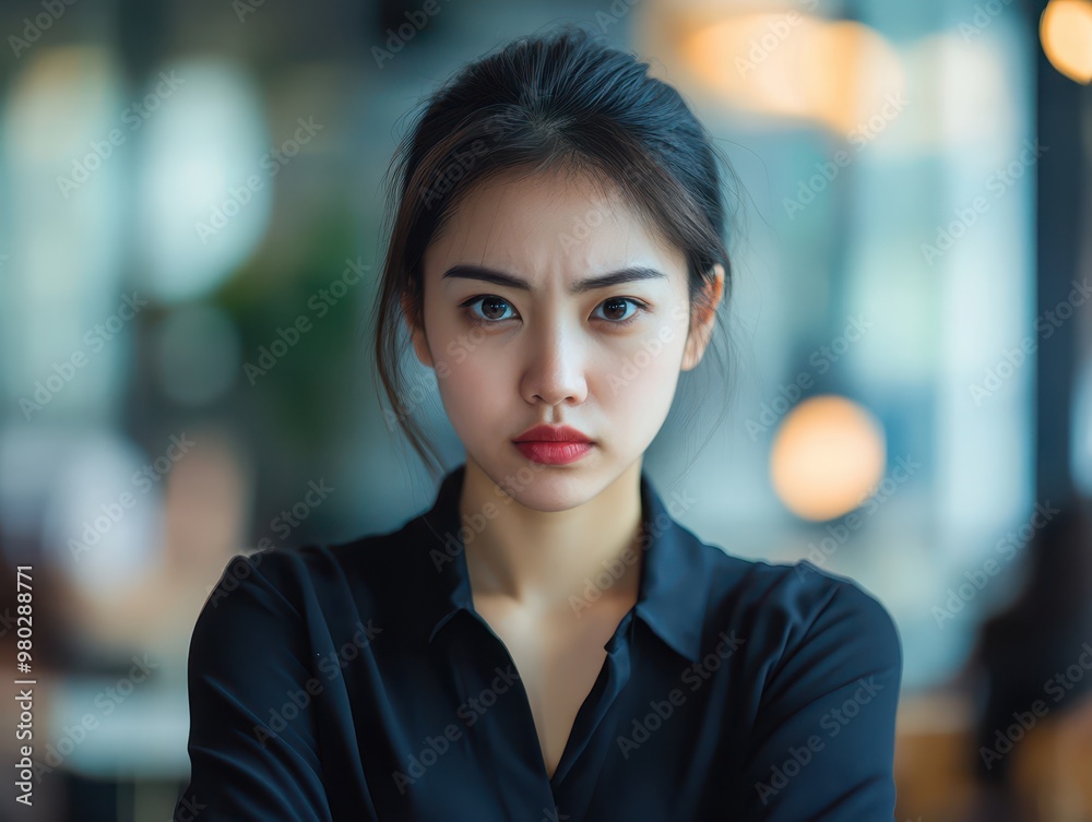 Fototapeta premium Asian woman in a business negotiation, serious and composed, corporate office setting, strategic decisionmaking