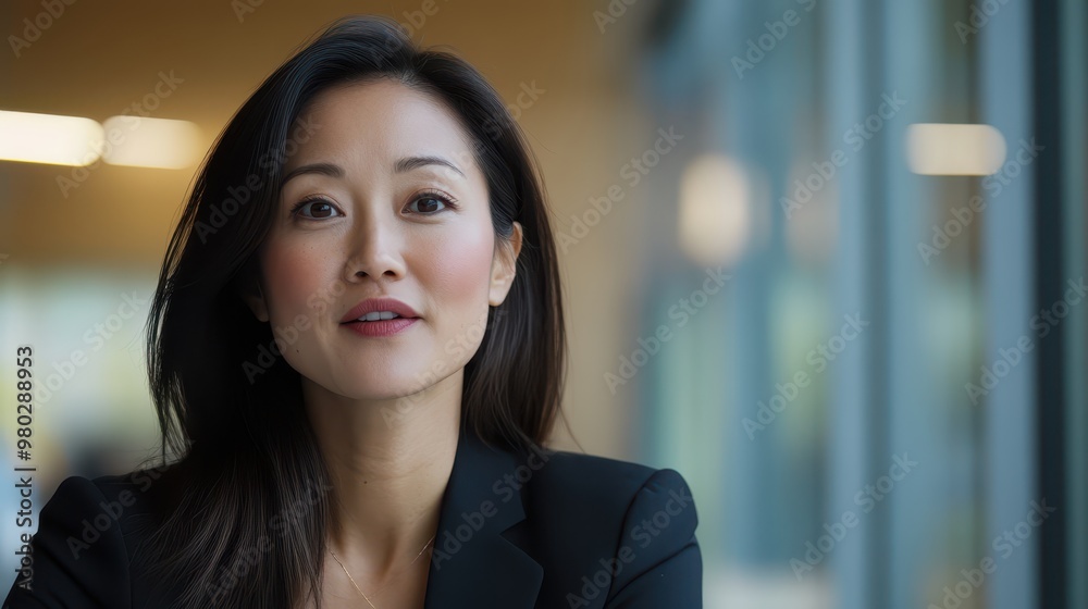 Fototapeta premium Professional Asian woman leading a business discussion, confident expression, modern office setting, collaboration theme