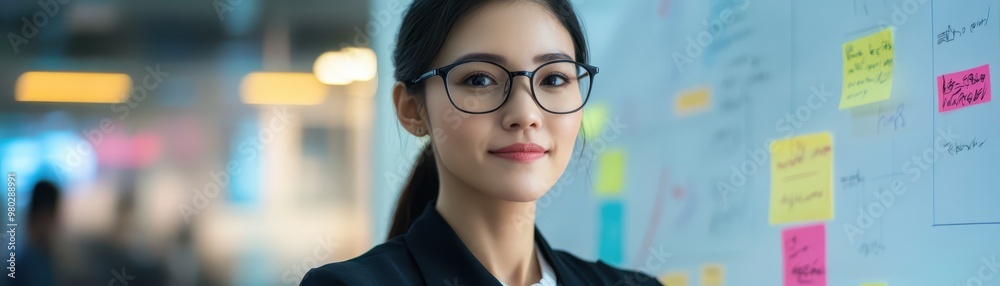 Asian businesswoman explaining strategy on a whiteboard, dynamic office environment, brainstorming session Asian businesswoman explaining strategy on a whiteboard, dynamic office environment, brainstorming session