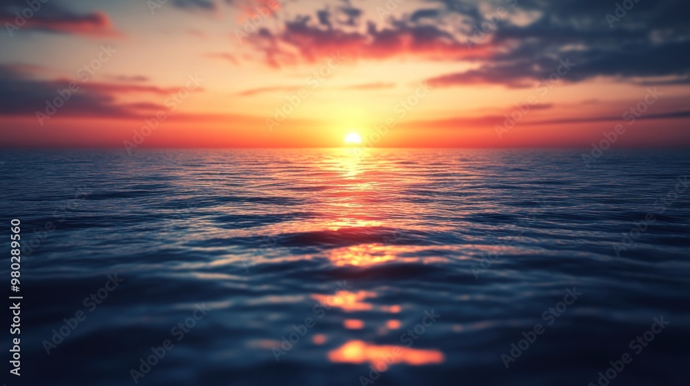 Fototapeta premium Waves gently kiss the shore as the sun sets in peace.