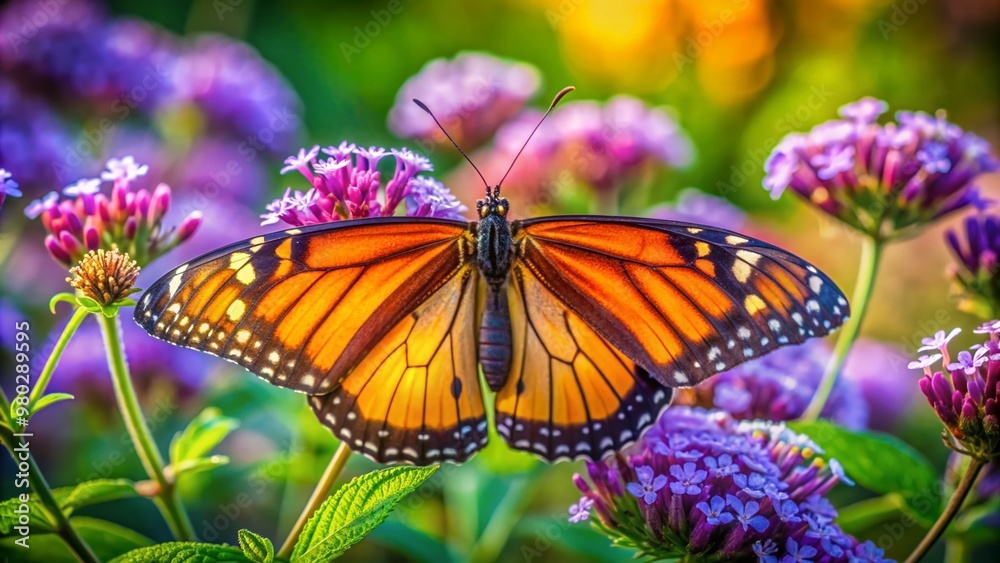 Vibrant orange butterfly with intricate wings sips nectar from delicate purple flowers in a lush, serene, and colorful garden surrounded by lush green foliage. Vibrant orange butterfly with intricate wings sips nectar from delicate purple flowers in a lush, serene, and colorful garden surrounded by lush green foliage.