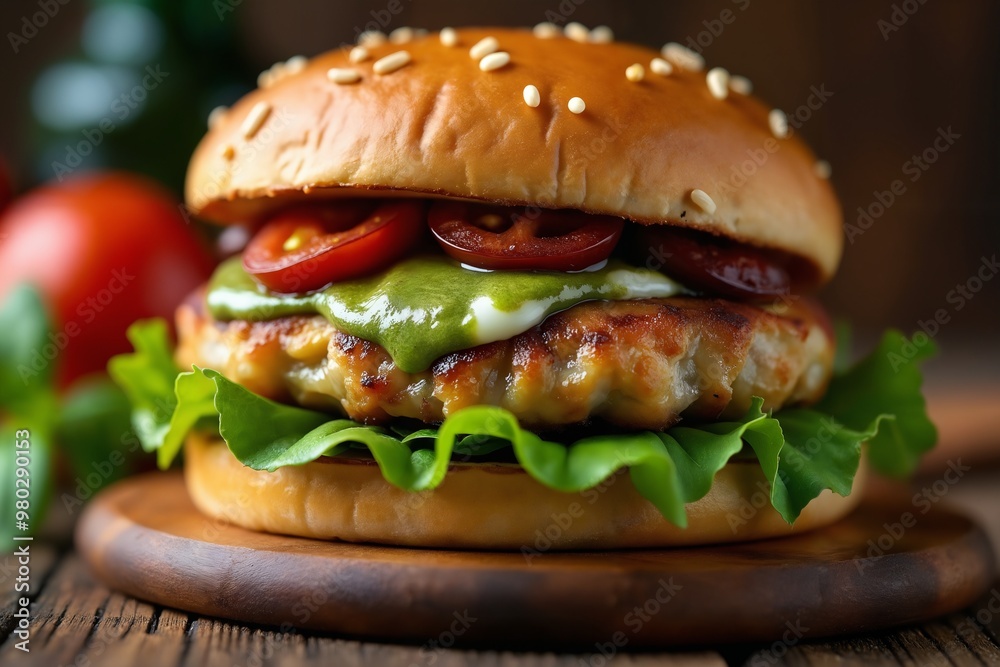juicy pesto burger, a chicken or beef patty, pesto sauce, mozzarella cheese, sun-dried tomatoes juicy pesto burger, a chicken or beef patty, pesto sauce, mozzarella cheese, sun-dried tomatoes