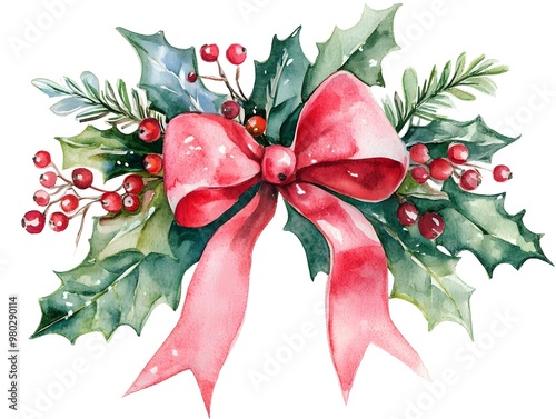 A watercolor illustration of a pink bow with holly and berries.