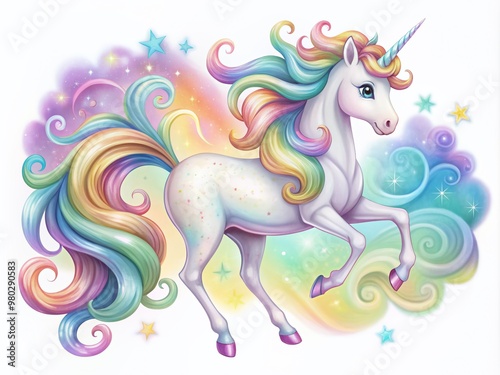 Adorable whimsical unicorn with shimmering horn and flowing mane amidst vibrant rainbow swirls and soft pastel hues on a clean white background.