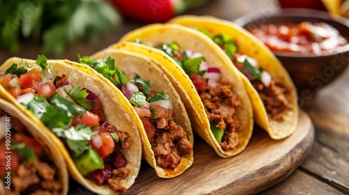 long platter of tacos with a bowl of salsa photo