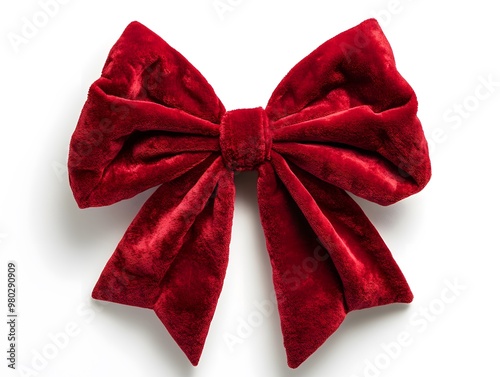 A large, red velvet bow isolated on a white background.